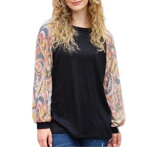 Haptics Women's Black Top with Multicolor Long Sleeves